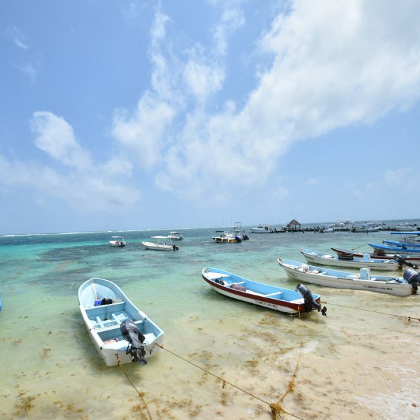 blue skies and calm blue seas roll gently onto the beach in puerto morelos
