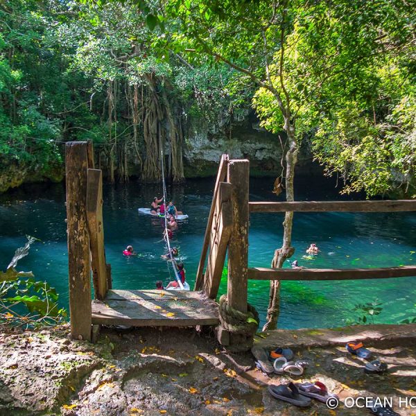 a rough hewn wooden ladder leads down into the blue green waters of a jungle cenote near puerto morelos. People can be seen swiming, rafting, and using a zip line