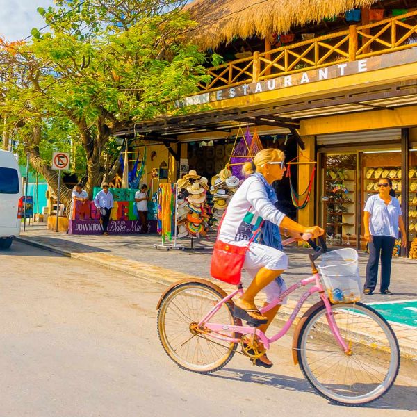 shopping, bike riding, downtown puerto morelos vendors